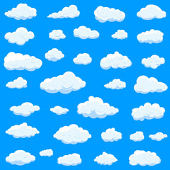 White cartoon clouds set isolated on blue background. Collection of different cartoon clouds for background template, wallpaper and sky design. Cartoon clouds vector. Sky illustration