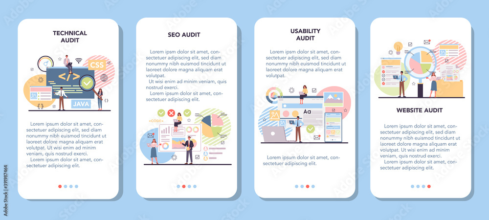 Poster website audit mobile application banner set. web page analysis