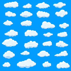 White cartoon clouds set isolated on blue background. Collection of different cartoon clouds for background template, wallpaper and sky design. Cartoon clouds vector. Sky illustration