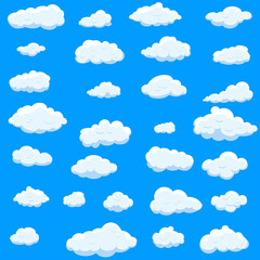 White cartoon clouds set isolated on blue background. Collection of different cartoon clouds for background template, wallpaper and sky design. Cartoon clouds vector. Sky illustration