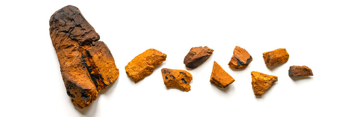 peeled piece of birch chaga mushroom and crushed chaga fungus pieces for tea brewing isolated on a white background. banner