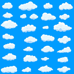 White cartoon clouds set isolated on blue background. Collection of different cartoon clouds for background template, wallpaper and sky design. Cartoon clouds vector. Sky illustration