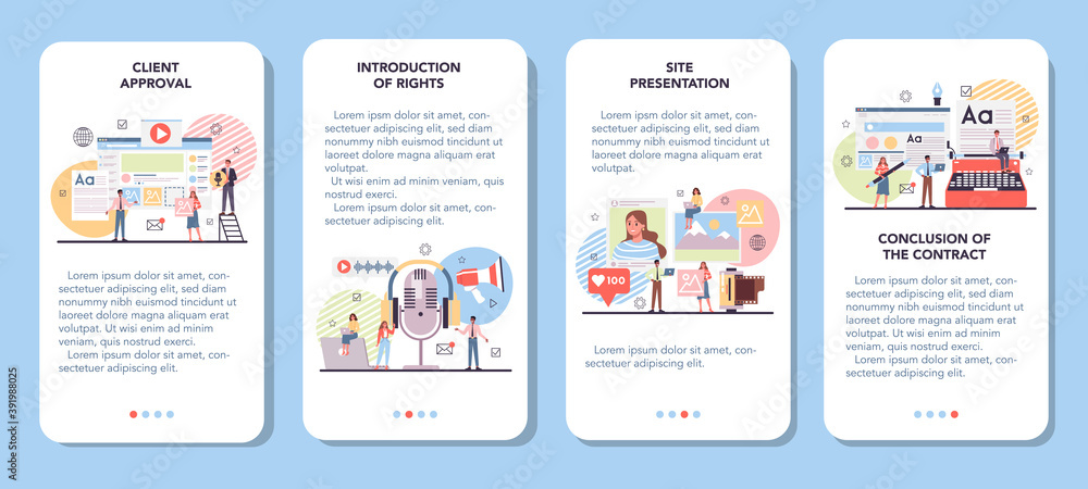 Poster website content mobile application banner set. idea of digital