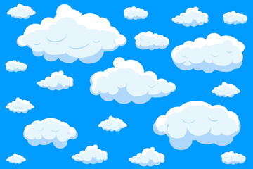 White cartoon clouds set isolated on blue background. Collection of different cartoon clouds for background template, wallpaper and sky design. Cartoon clouds vector. Sky illustration