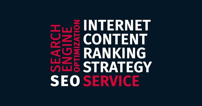 SEO. Search engine optimization. Animated word cloud text. Kinetic typography Animation.