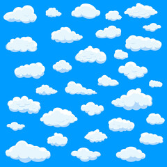 White cartoon clouds set isolated on blue background. Collection of different cartoon clouds for background template, wallpaper and sky design. Cartoon clouds vector. Sky illustration