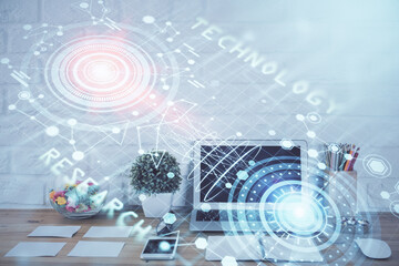 Multi exposure of desktop with personal computer and tech theme drawing. Concept of Bigdata.