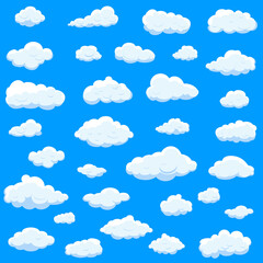 White cartoon clouds set isolated on blue background. Collection of different cartoon clouds for background template, wallpaper and sky design. Cartoon clouds vector. Sky illustration