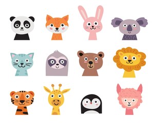 Cute animal faces set. Hand drawn characters - fox, bear, giraffe, sloth, alpaca, cat, panda, tiger, lion, koala, hare, penguin