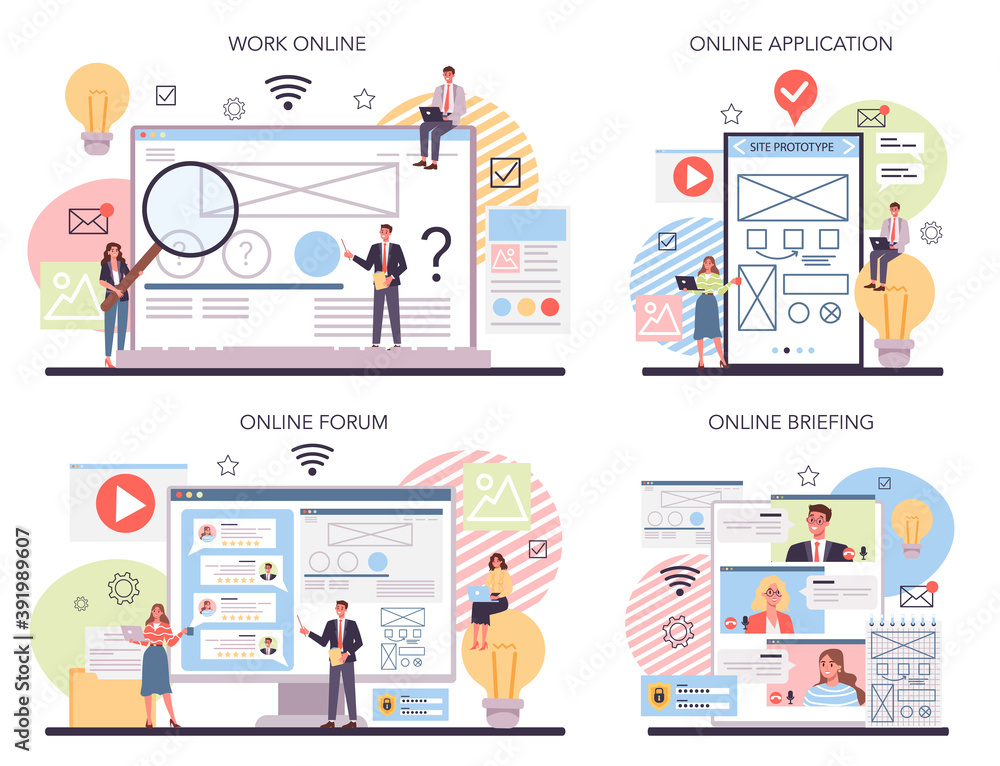 Poster website prototyping online service or platform set. web page modeling