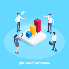 Fototapeta premium isometric vector image on a blue background, men and a woman in business clothes are standing near the chart, planned increase and processing of statistical data