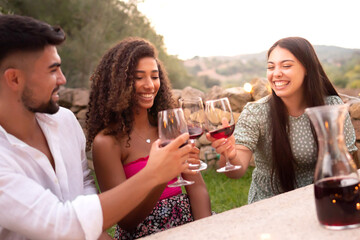 Three friends clinking glasses outdoor at sunset - Mixed race person group toasting with red wine...