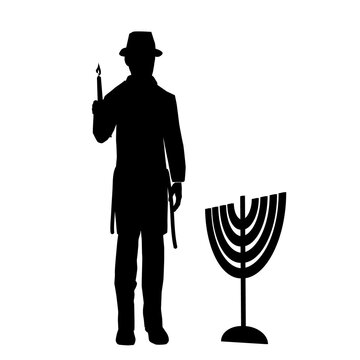 A man lights a Hanukkah candle.
Vector black silhouette.
A single character. A follower, religious, orthodox, Jewish, wearing a hat, and a long suit. Next to him is a menorah. On a white background. 