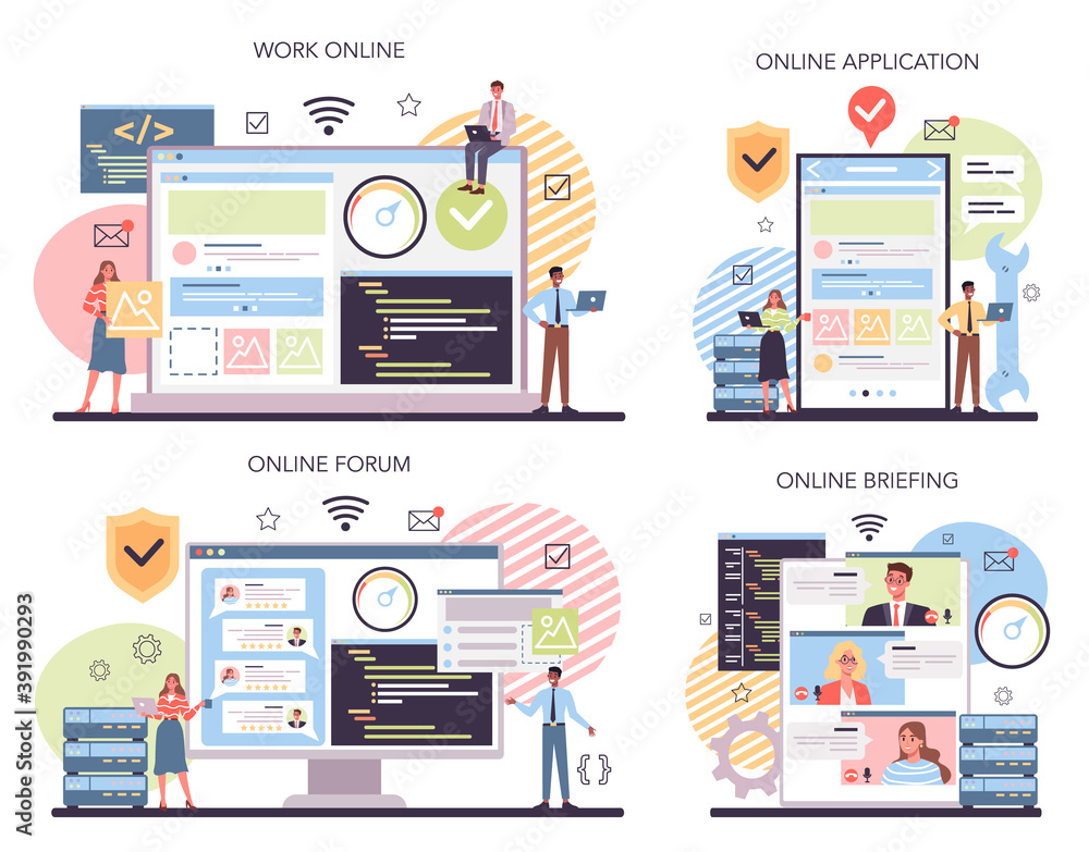 Poster website technical support online service or platform set. idea of web