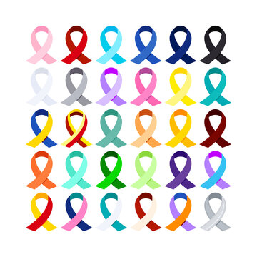 Awareness ribbon icon set isolated on white background. Different color ribbons - cancer charity and medical support loop sign. Flat design  cartoon style health care solidarity vector illustration.