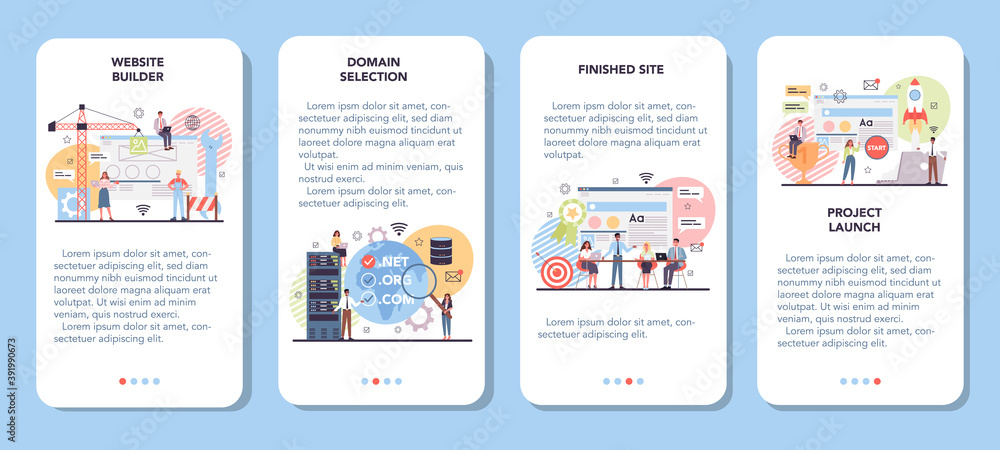 Poster website development mobile application banner set. support