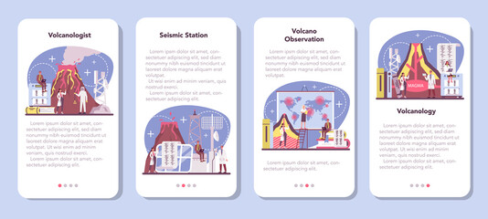 Volcanologist mobile application banner set. Geologist studying