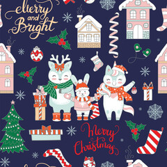 Seamless pattern vector Merry Christmas animals on blue