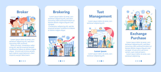 Financial broker mobile application banner set. Income, investment