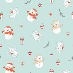 Seamless pattern vector Merry Christmas rabbits and snowman