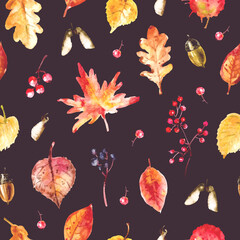 Hand drawn autumn nature seamless pattern with leaves, acorns, berries on dark background