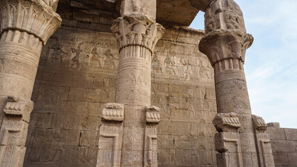 Temple of Edfu or Horus detail hieroglyphics with remaining color at entrance column area