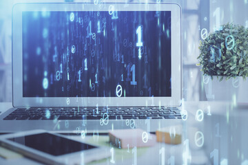 Multi exposure of desktop computer and technology theme hologram. Concept of software development.