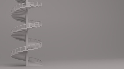 Spiral staircase and empty white wall, with copy space. 3D rendering.