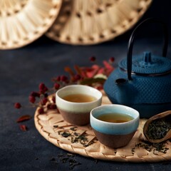 Green tea cups and teapot with leaves on dark background. Japanese tea ceremony. Selective focus.
