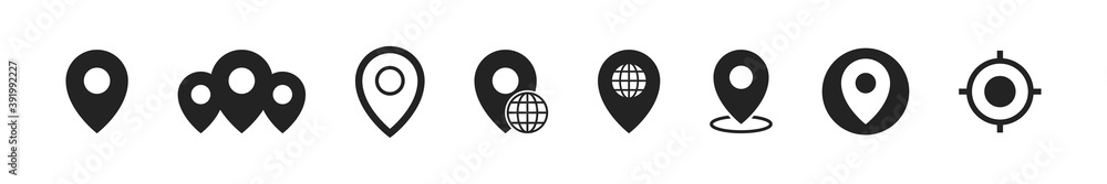 Poster location map pin pointer vector icon set, pointers in black flat style cartography gps collection.