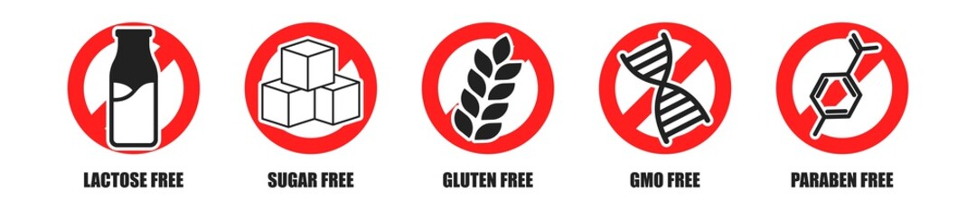 Lactose, sugar, gluten, gmo, paraben free sticker sign set, organic nutrition food tag collection.