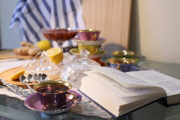 still life with wine and book