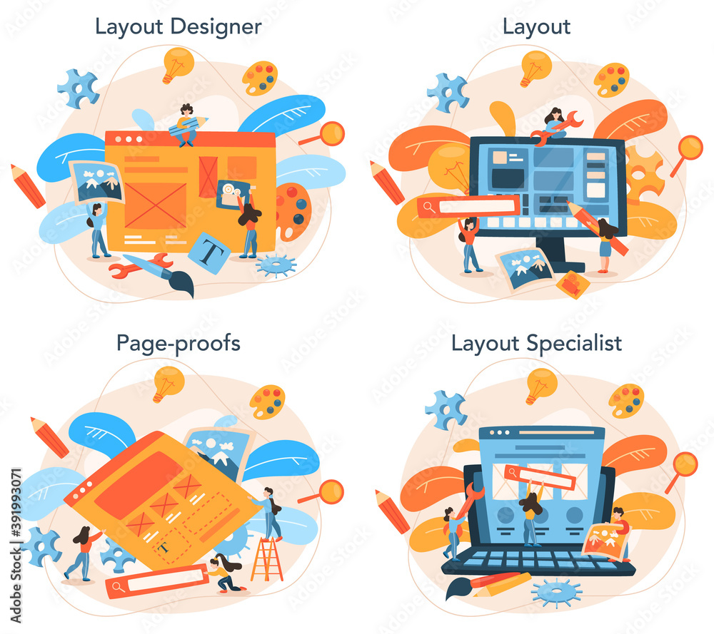 Poster layout designer concept set. web development, mobile app