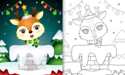 coloring for kids with a cute deer using santa hat and scarf in chimney
