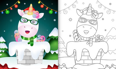 coloring for kids with a cute unicorn using santa hat and scarf in chimney