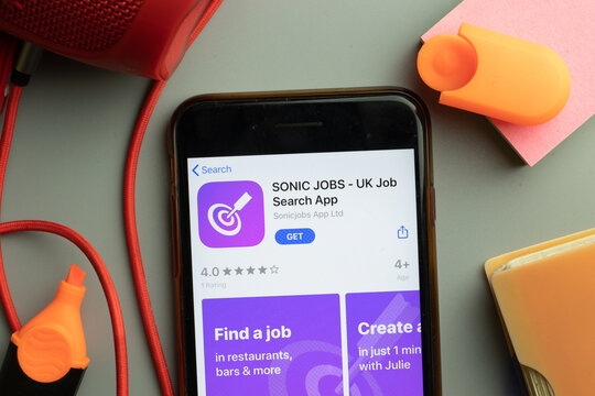 New York, United States - 7 November 2020: SONIC JOBS UK Job Search App Store Logo On Phone Screen, Illustrative Editorial