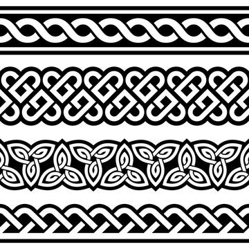 Irish Celtic vector seamless vector braided design set with hearts and knots, perfect for greeting cards, St Patrick's Day celebration

