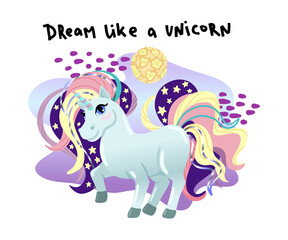 Unicorn with colored mane, lettering: Dream like a unicorn. Vector cartoon illustration, isolated object on white background. Print design
