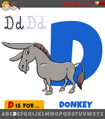 letter D worksheet with cartoon donkey farm animal