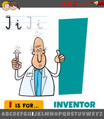 letter I worksheet with cartoon inventor