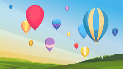 Naklejka premium Cluster of hot air balloons. Beautiful non-urban scene.
