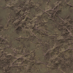Background of dark soil with fallen dirty green leaves mixed with mud. Top view of the ground and darkened branches and leaves. 3D-rendering