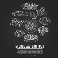 Middle eastern food menu doodle icons on chalkboard. Vector illustration