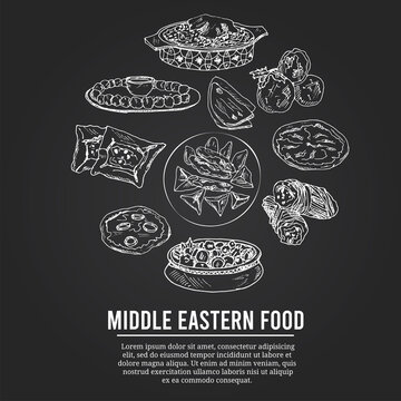 Middle eastern food menu doodle icons on chalkboard. Vector illustration