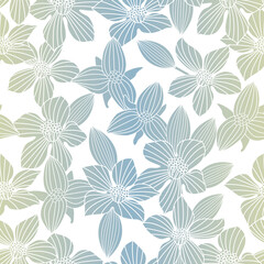 Vector Flower Silhouettes in Blue Green Ombre on White Background Seamless Repeat Pattern. Background for textiles, cards, manufacturing, wallpapers, print, gift wrap and scrapbooking.