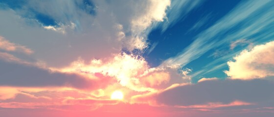 Fototapeta na wymiar Beautiful sky with clouds at sunset, heavenly landscape, pastel colors of the sunset, 3D rendering