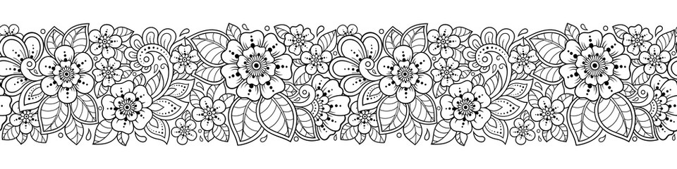 Seamless borders pattern with Mehndi flower for Henna drawing and tattoo. Decoration in ethnic oriental, Indian style. Doodle ornament. Outline hand draw vector illustration.
