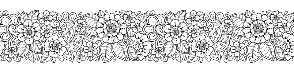 Tuinposter Seamless borders pattern with Mehndi flower for Henna drawing and tattoo. Decoration in ethnic oriental, Indian style. Doodle ornament. Outline hand draw vector illustration. © Katikam