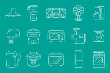 Home machines Icons set - Vector outline symbols of microwave, oven, refrigerator, vacuum, blender, kettle and other appliances for the site or interface