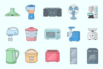 Home machines Icons set - Vector color symbols of microwave, oven, refrigerator, vacuum, blender, kettle and other appliances for the site or interface